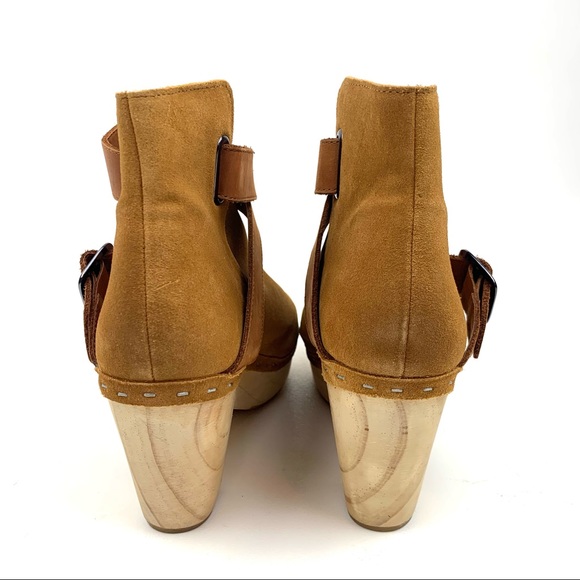 Free People Sz 40 (10) Bungalow Clog Ankle Boot Tan Suede Leather 70s Wood Heel - Picture 5 of 13